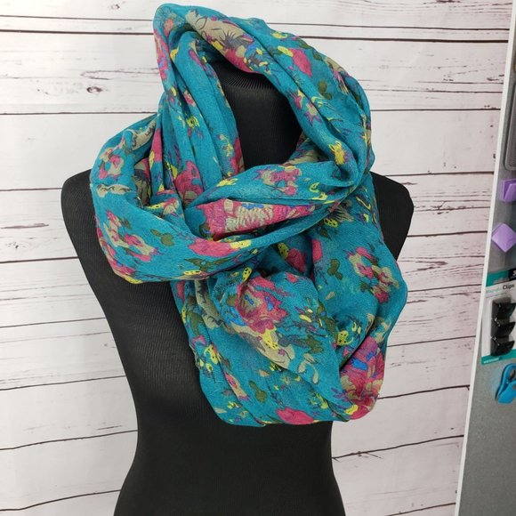 Womens Infinity Scarf Colorful Floral Flowers‎ Blue Pink Lightweight Wide - Picture 7 of 9